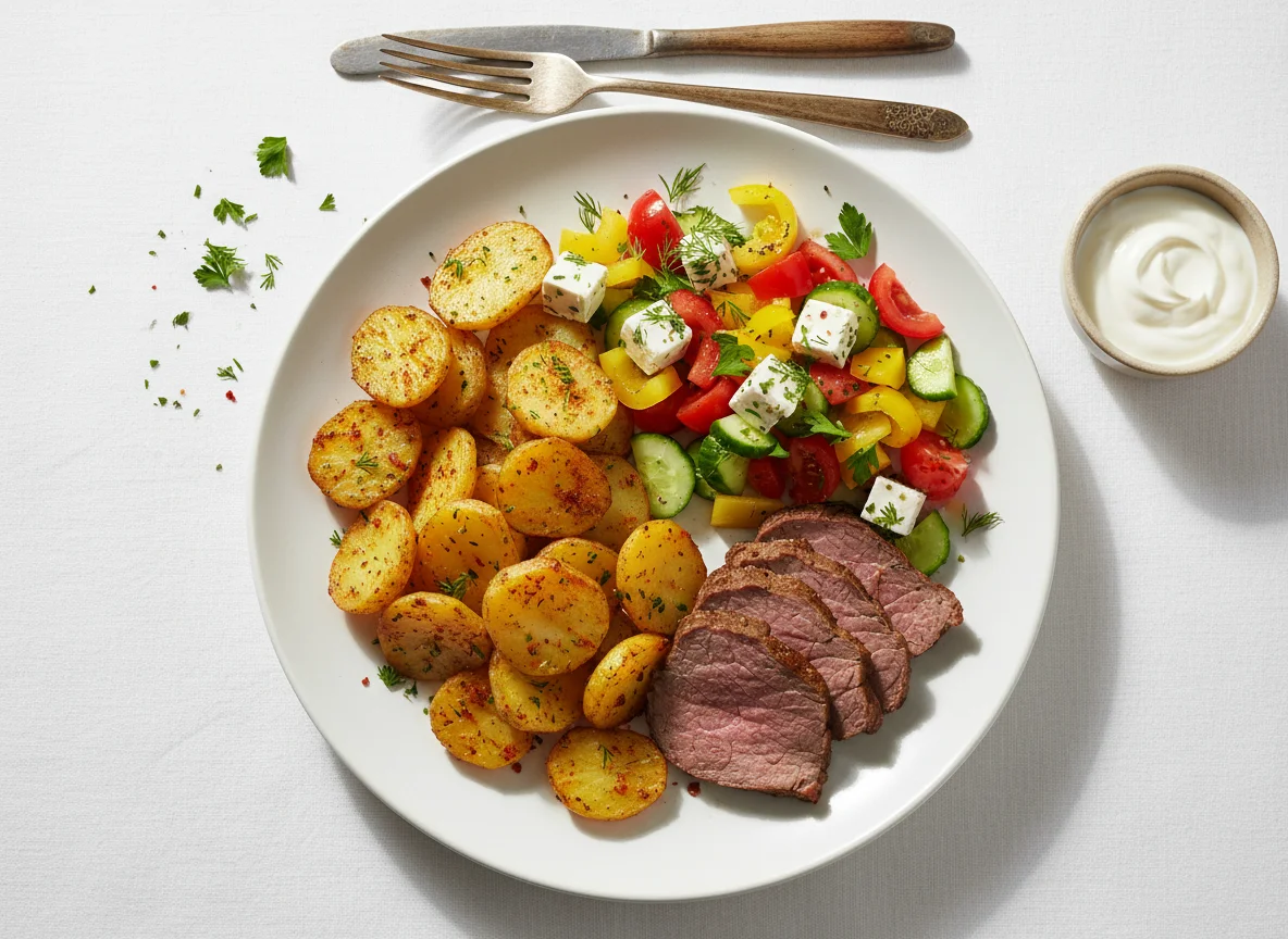 Мясо с запеченным картофелем и овощным салатом photo