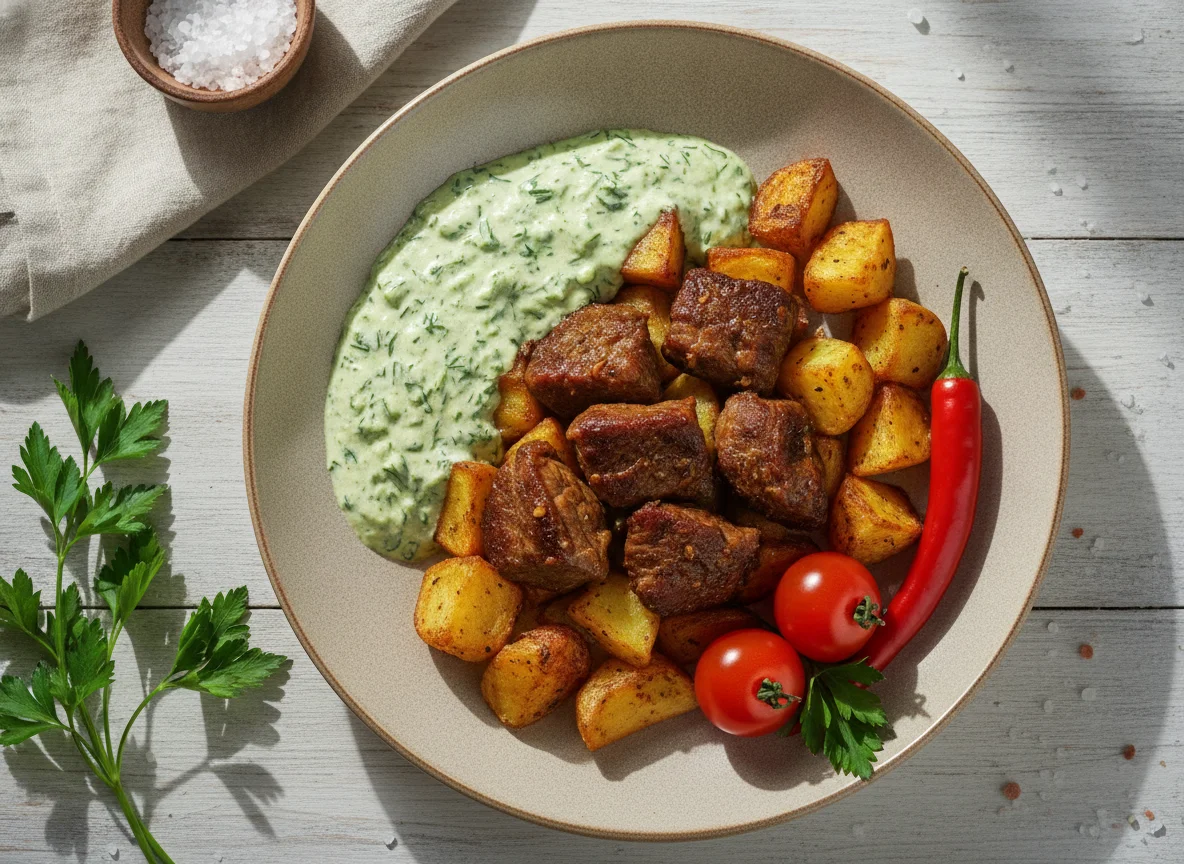 Мясо с жареным картофелем и соусом photo