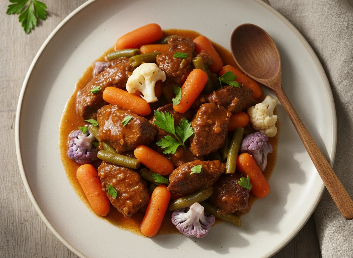 Мясо в соусе с овощами photo