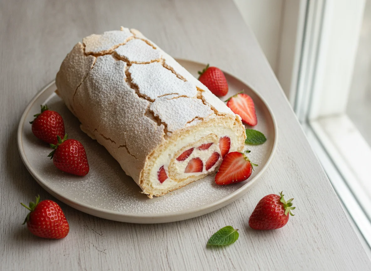 Меренговый рулет с клубникой photo