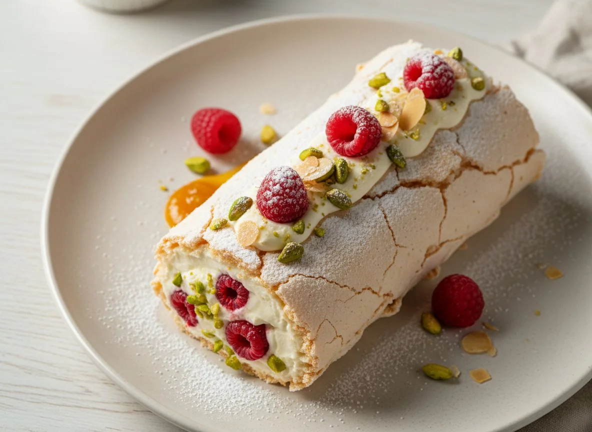Меренговый рулет с малиной и фисташками photo