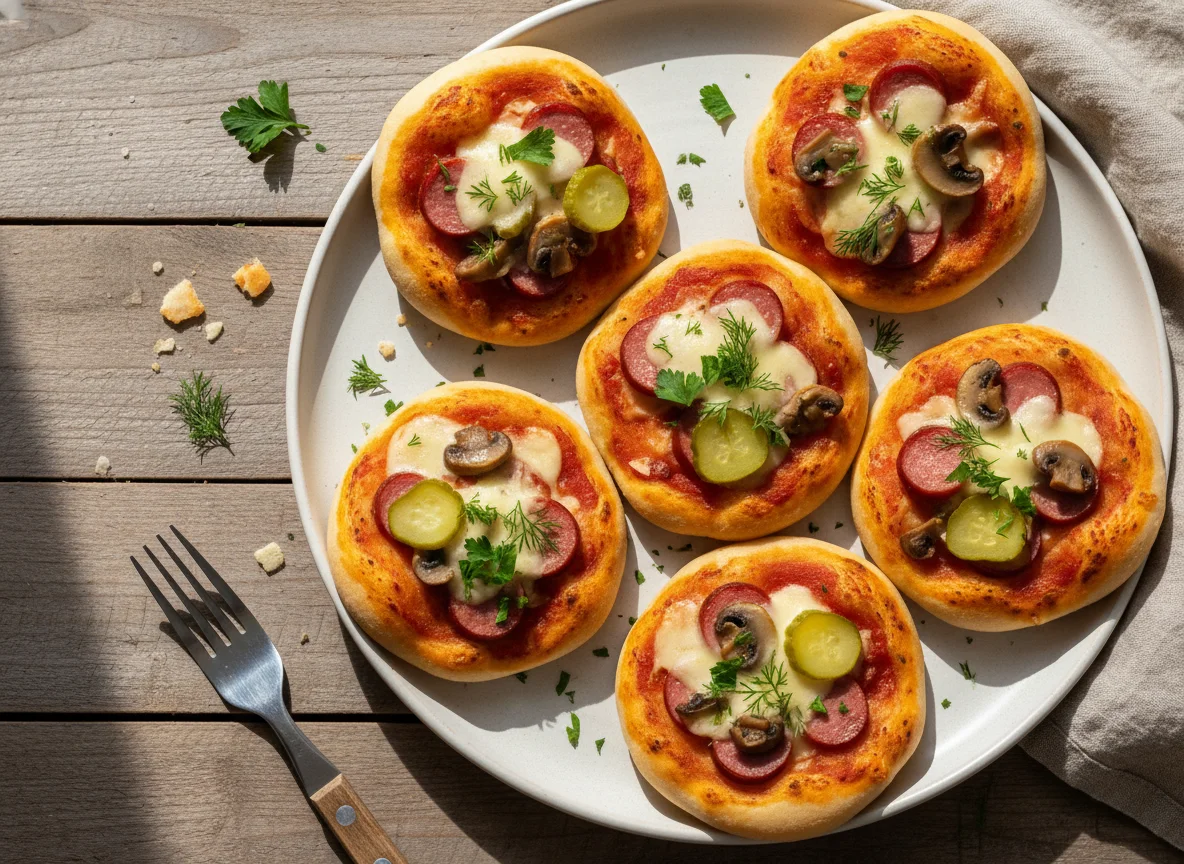 Мини-пицца с колбасой и грибами photo