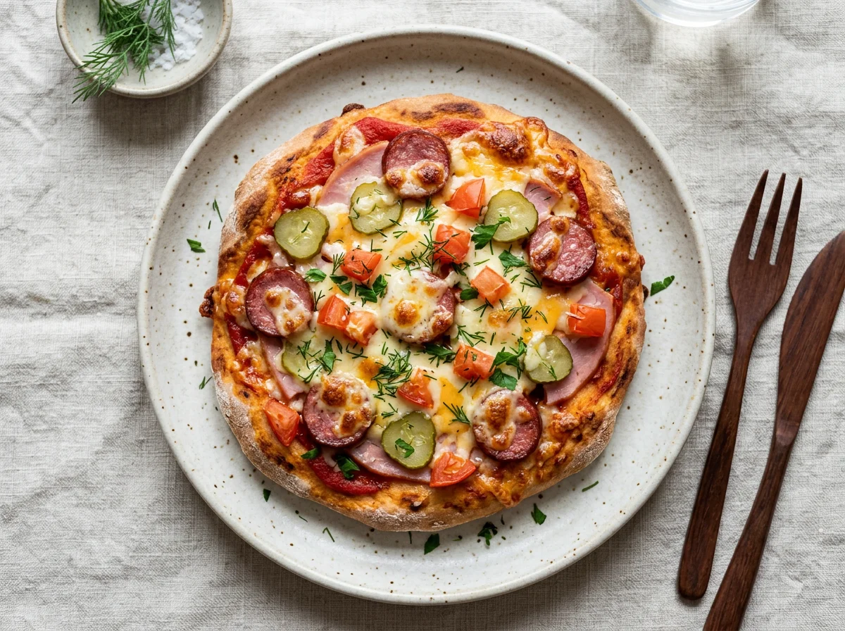 Мини-пицца с колбасой, сыром и огурцами photo