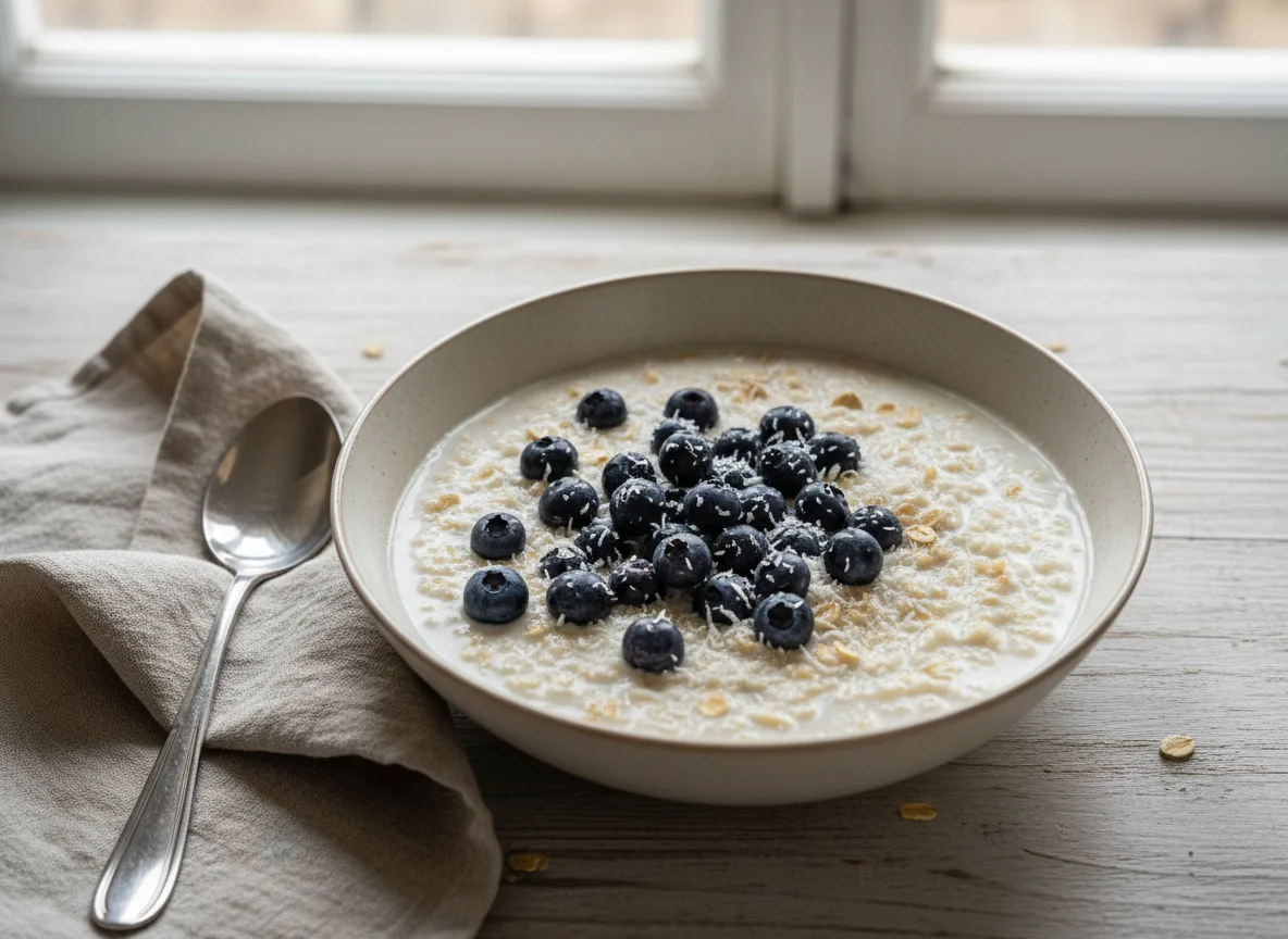 Молочная каша с ягодами и хлопьями photo