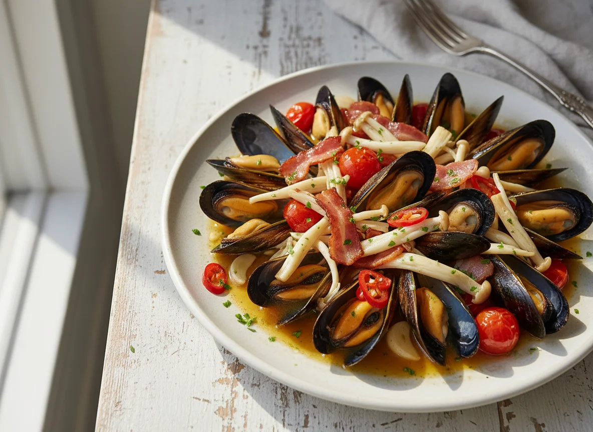 Морепродукты с беконом, грибами и томатами photo