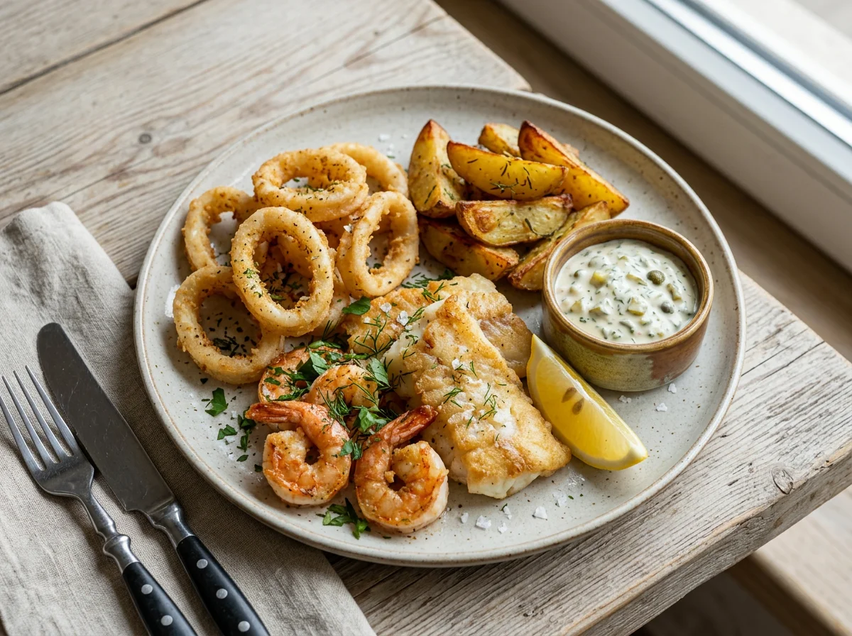 Морепродукты с картофелем и соусом photo