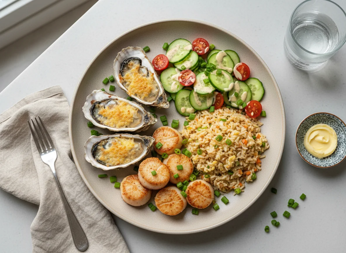 Морепродукты с рисом и овощным салатом photo