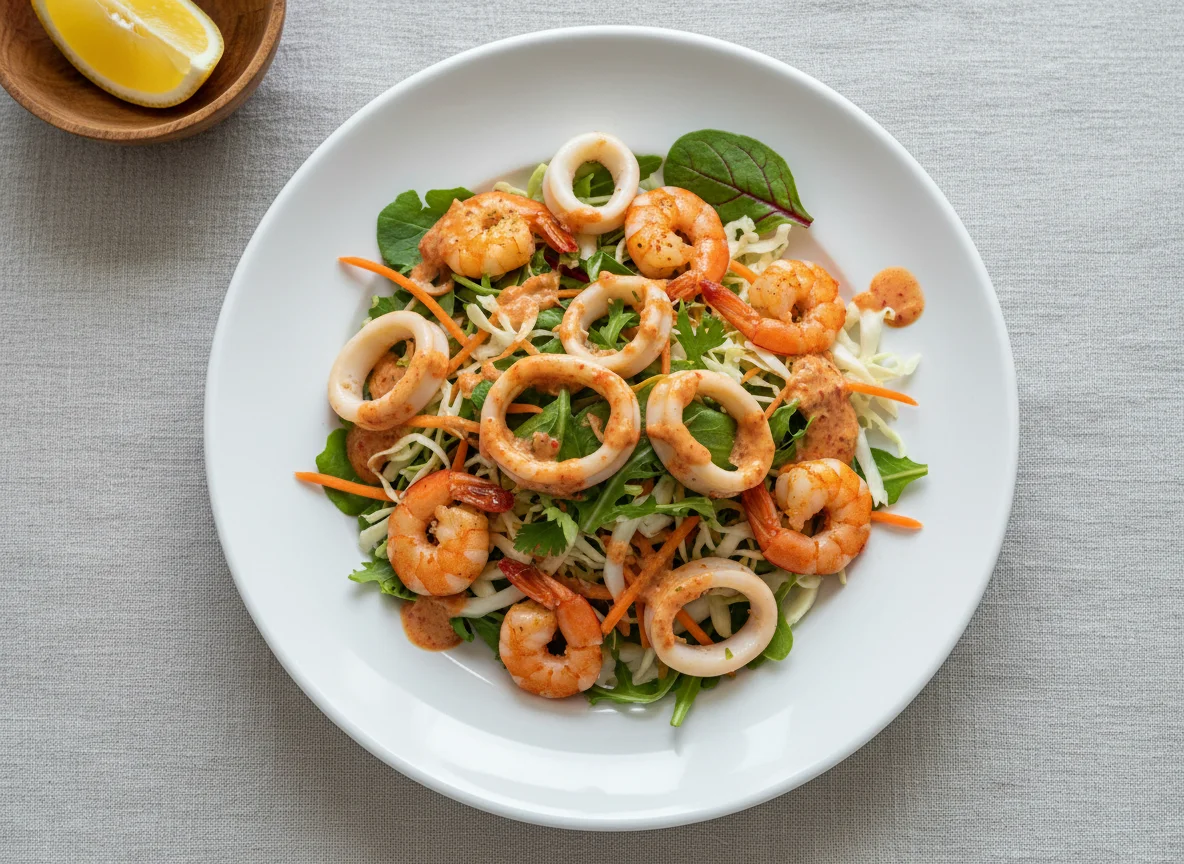 Морепродукты с салатом и соусом photo