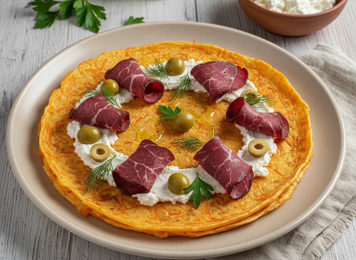 Морковно-сырный блин с копченой кониной и оливками photo