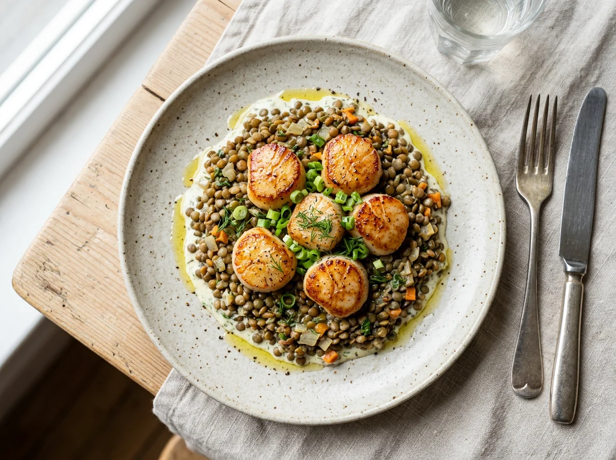 Морские гребешки с чечевицей и соусом photo