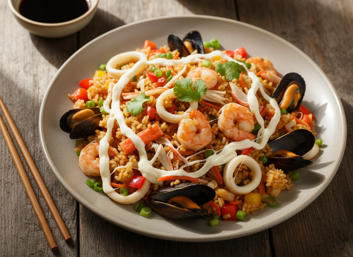 Морской сырный жареный рис photo