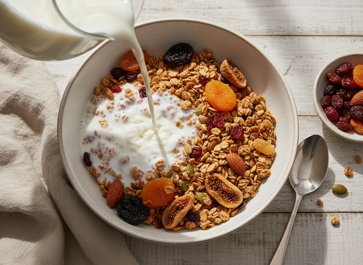 Мюсли с молоком и сухофруктами photo