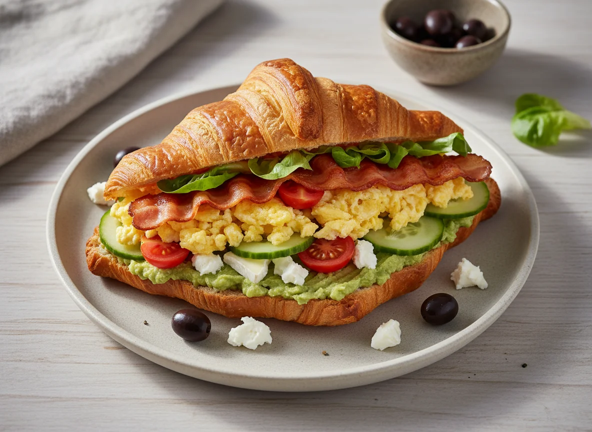 На круассане творожный сыр с авокадо photo