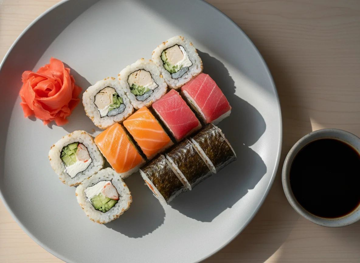 Набор роллов с имбирем и соевым соусом photo