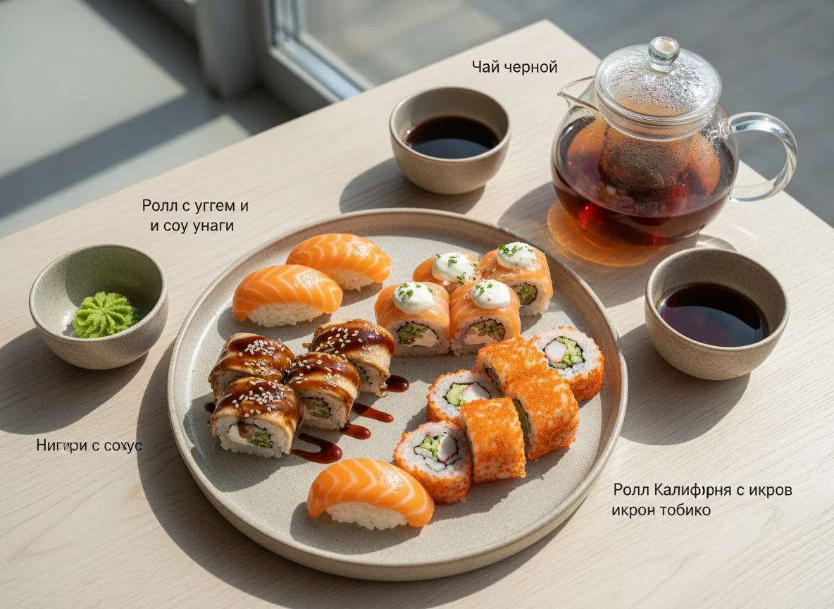 Набор суши и роллов с чаем photo