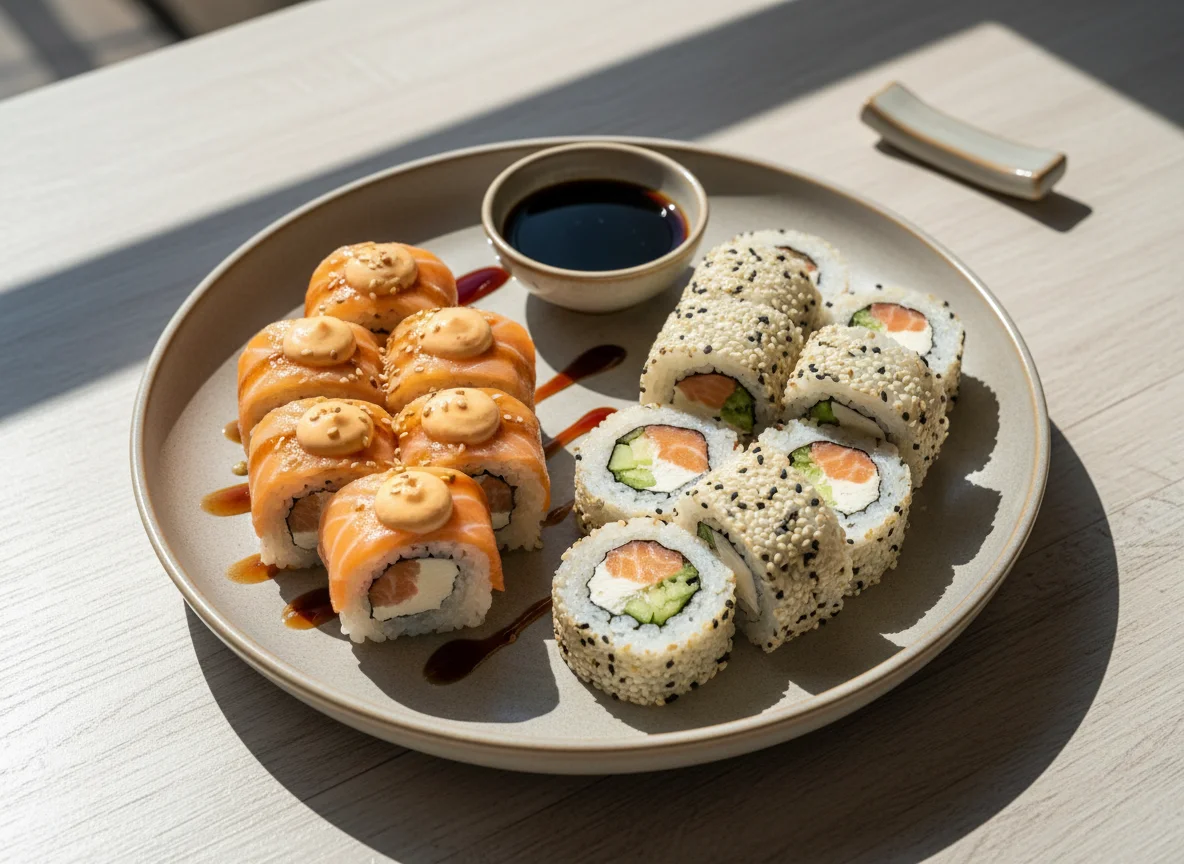 Набор запеченных и классических роллов photo