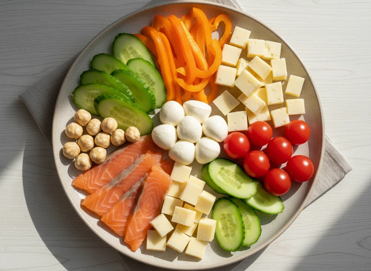 Нарезка из овощей, рыбы, сыра и орехов photo