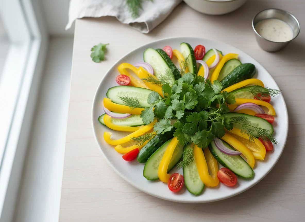 Нарезка из свежих овощей и зелени photo