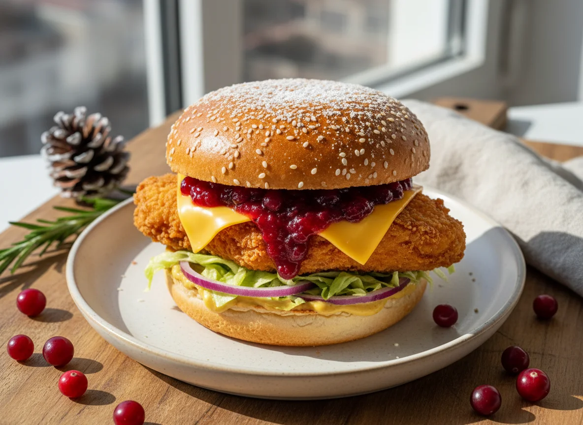 Новогодний бургер с курицей и клюквенным соусом photo