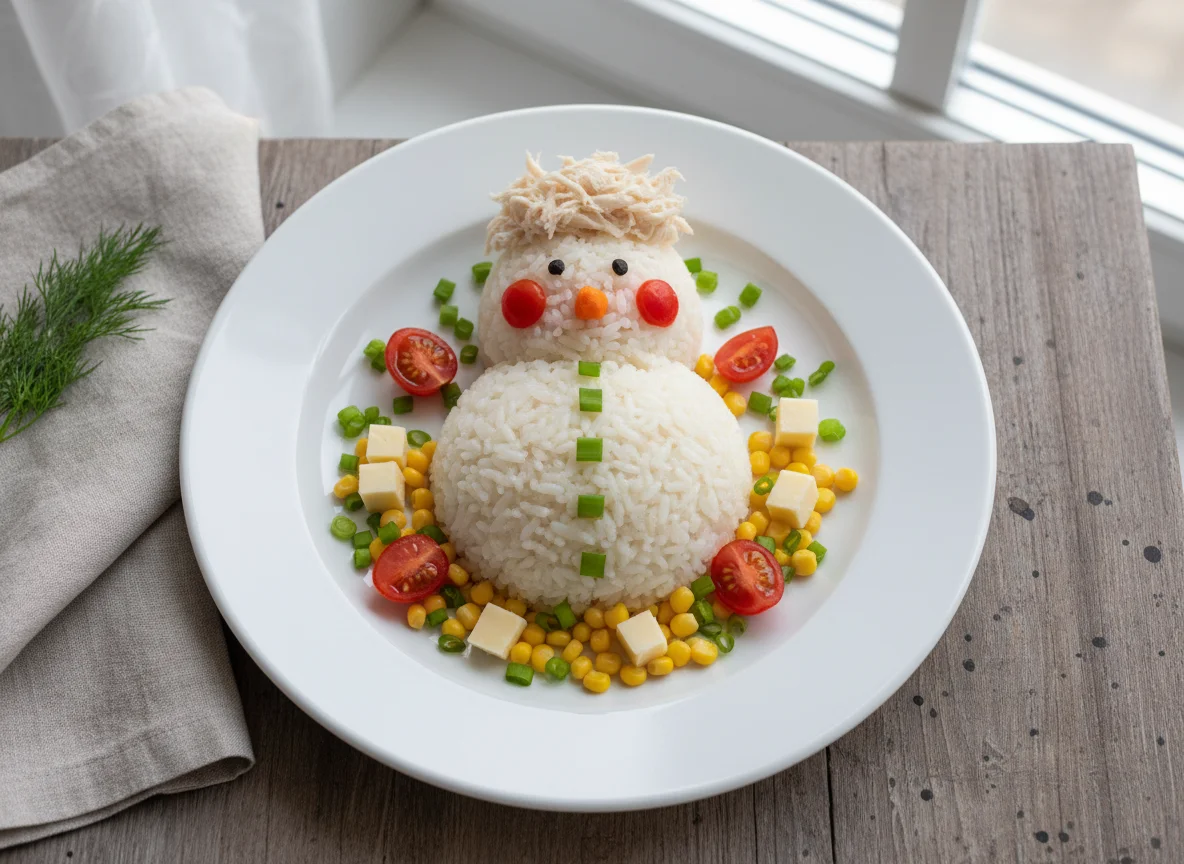 Новогодний снеговик из риса с курицей и овощами photo