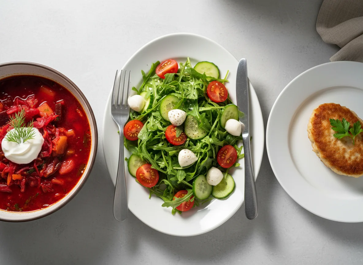 Обед: борщ, салат с моцареллой и котлета photo