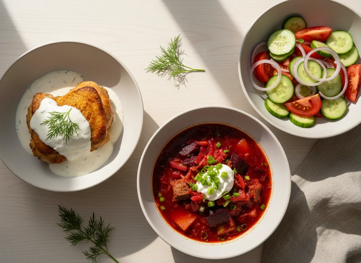 Обед из курицы, борща и салата photo