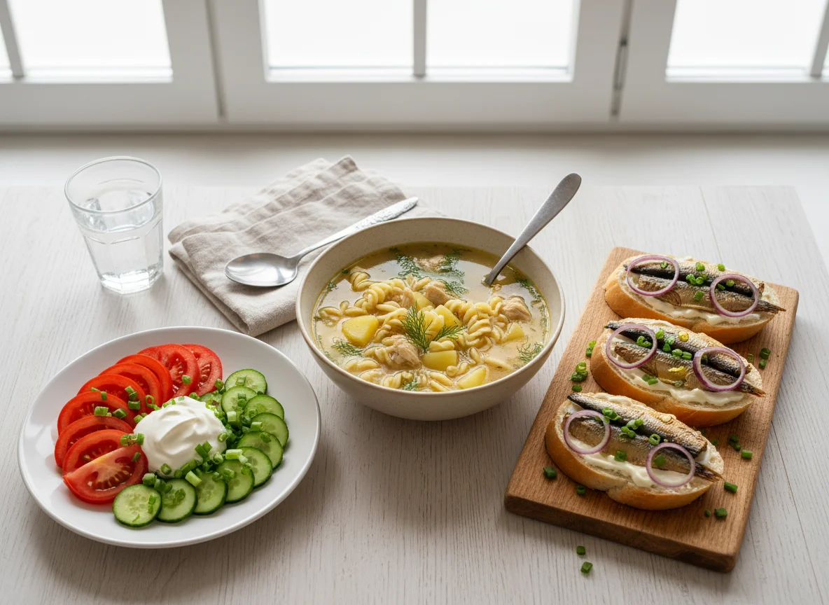 Обед из супа, салата и бутербродов со шпротами photo