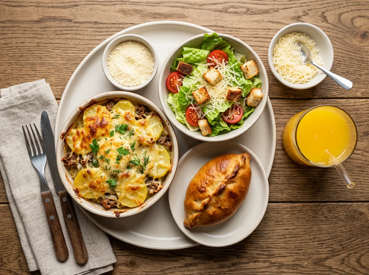 Обед из запеканки, салата, выпечки и сока photo