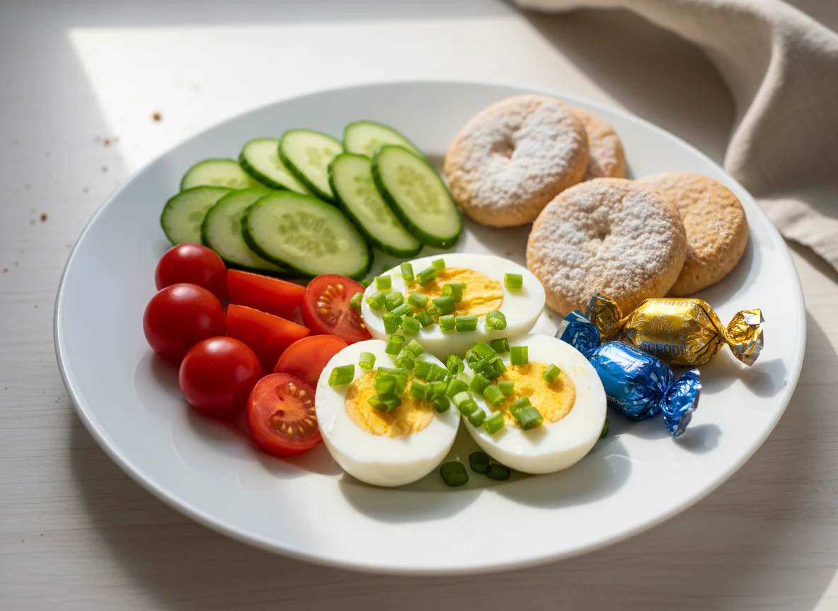 Обед с яйцами, овощами и печеньем photo