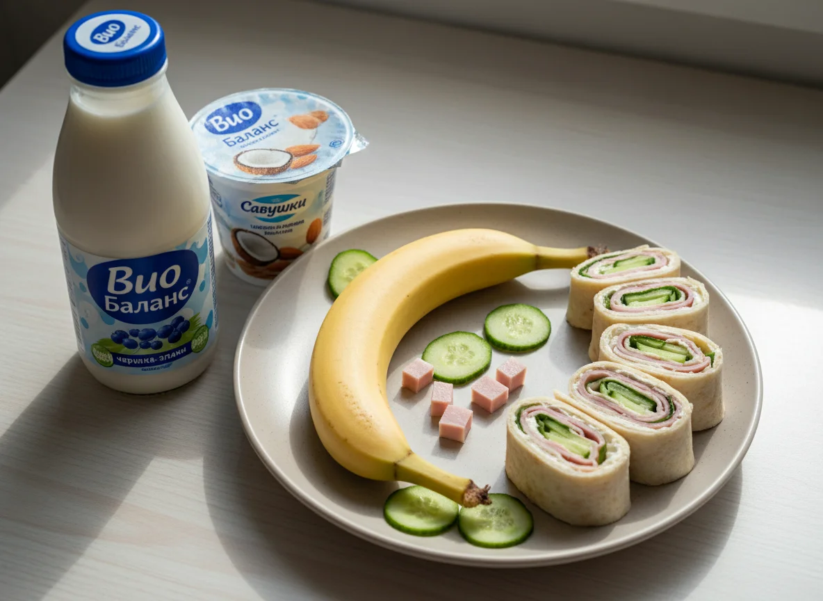 Обед с бананом, йогуртами и роллами photo