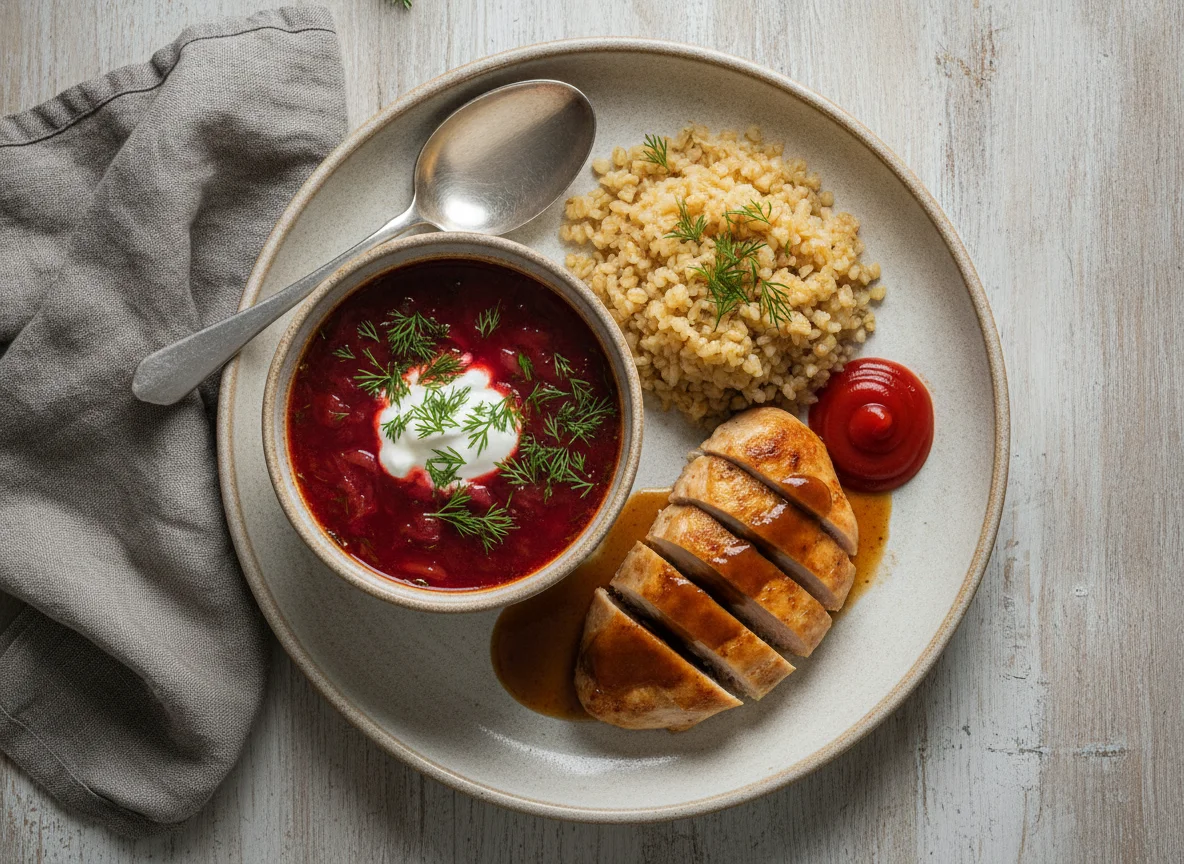 Обед с борщом, булгуром и курицей photo