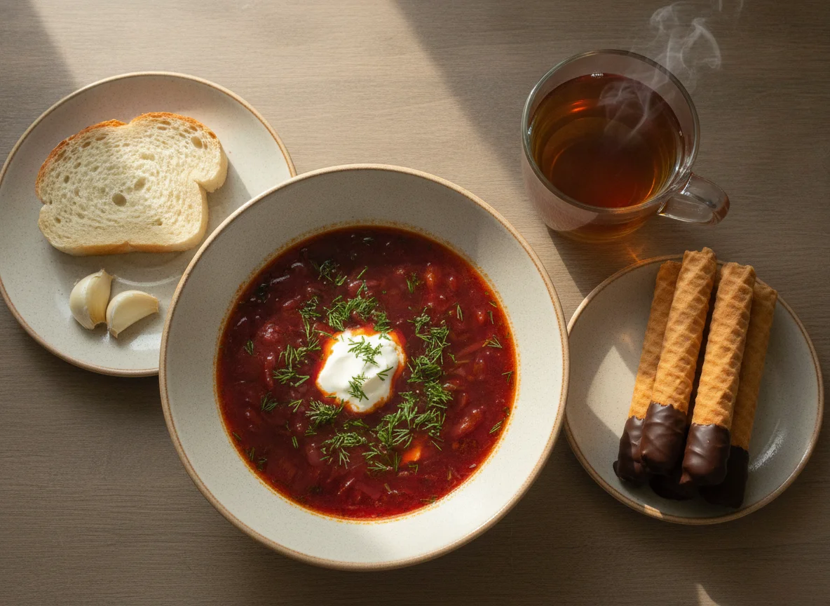 Обед с борщом и чаем photo