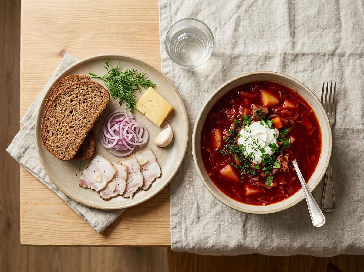 Обед с борщом и закусками photo