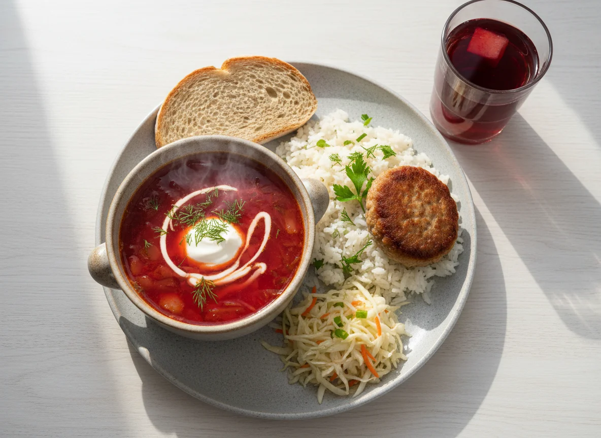 Обед с борщом, котлетой и рисом photo