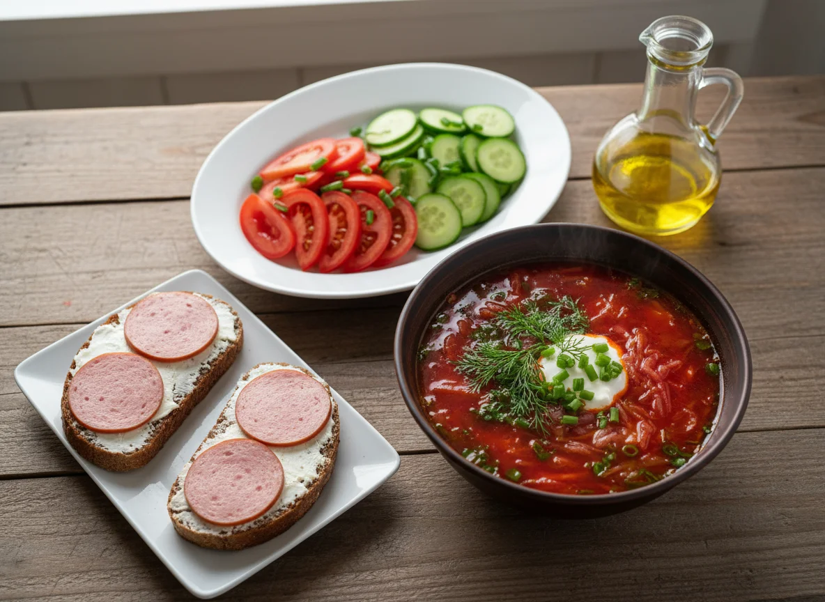 Обед с борщом, салатом и бутербродами photo