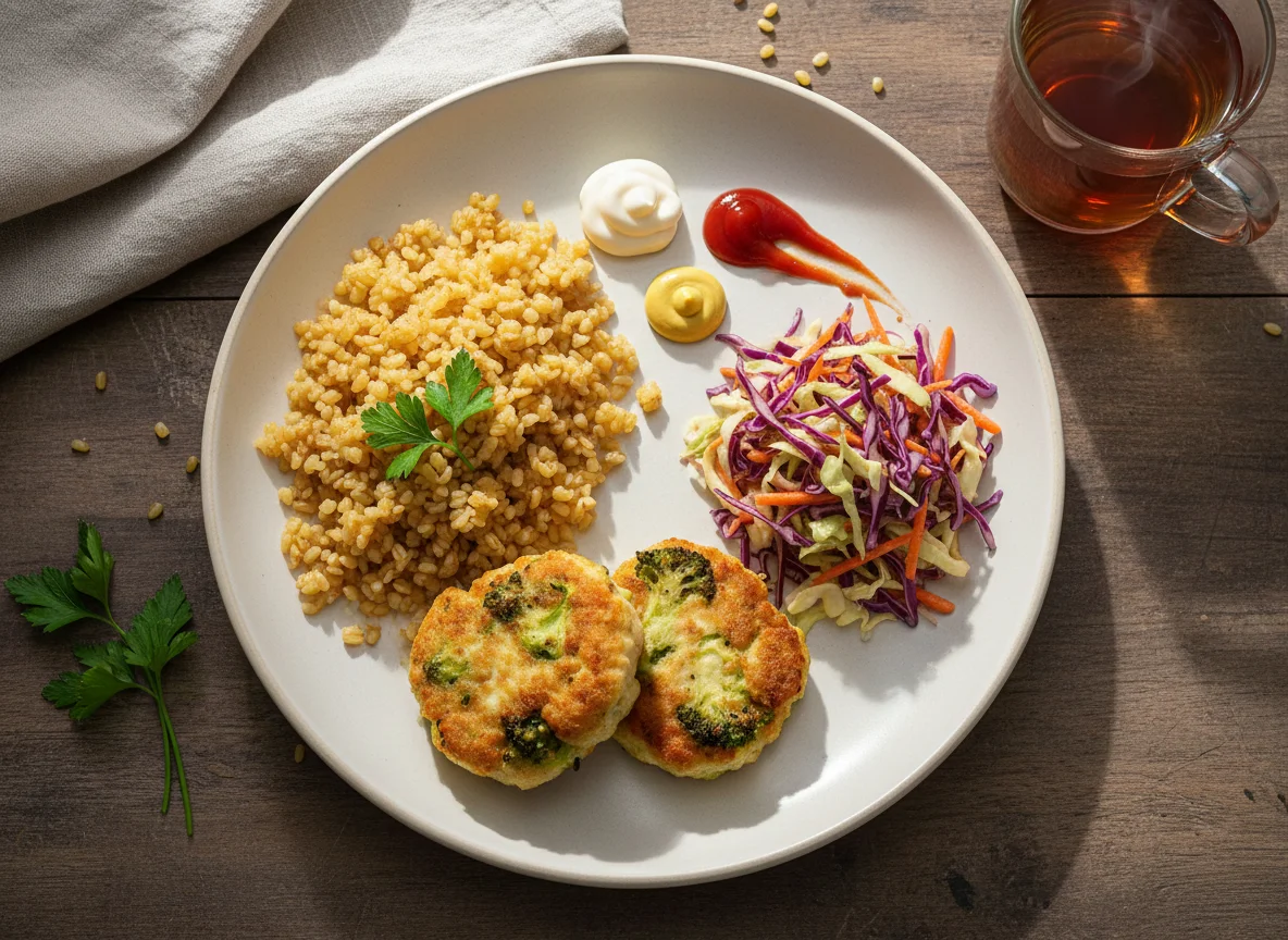 Обед с булгуром, котлетой и салатом photo