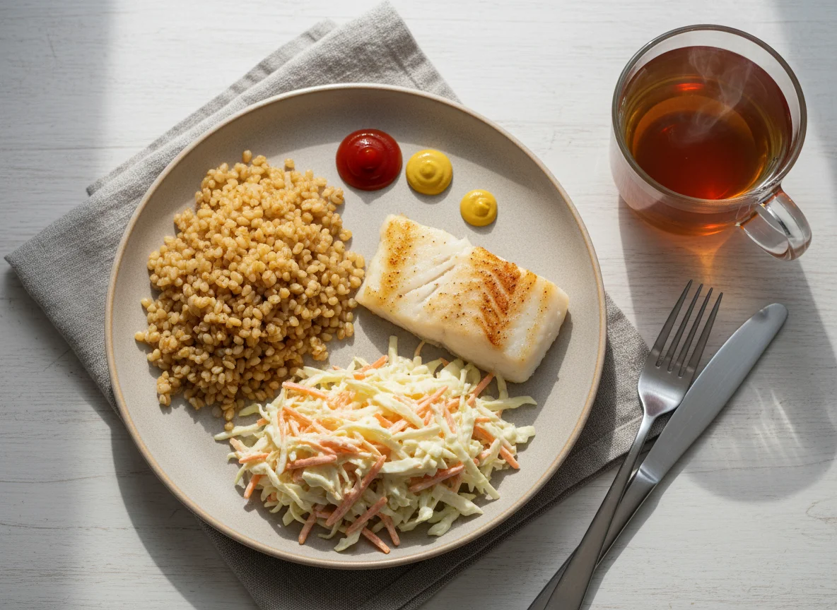 Обед с булгуром, треской и салатом photo