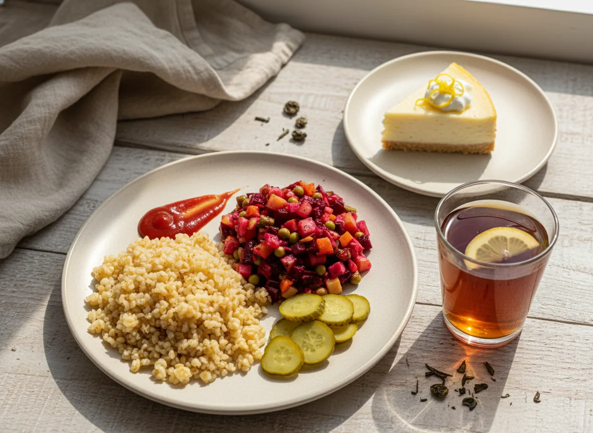 Обед с булгуром, винегретом и десертом photo