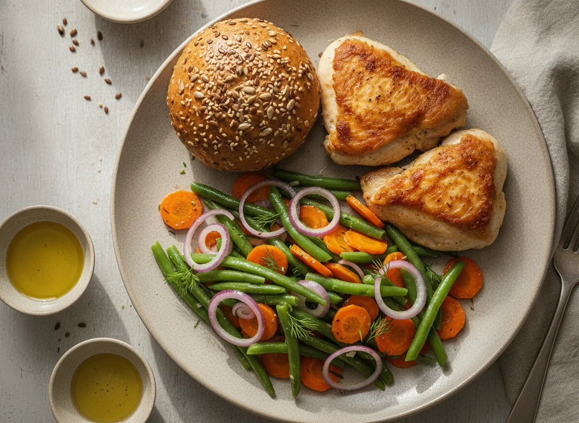 Обед с булочками, курицей и овощным салатом photo