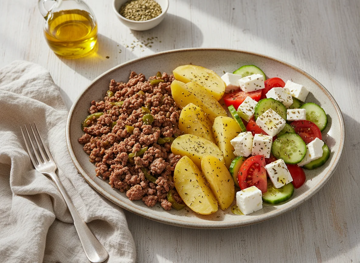 Обед с фаршем, картофелем и греческим салатом photo