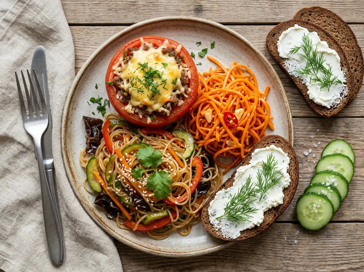 Обед с фаршированным помидором, фунчозой и корейской морковью photo