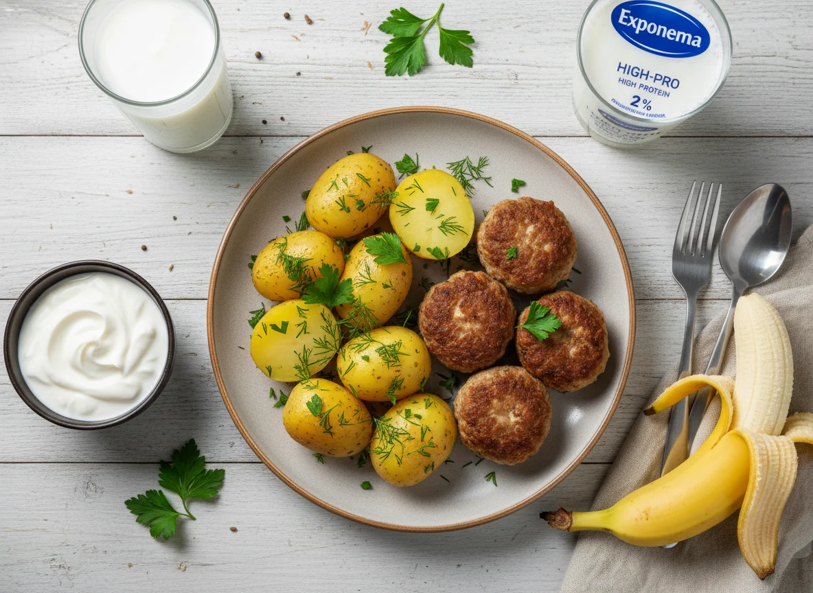 Обед с фрикадельками, картофелем, йогуртом и бананом photo