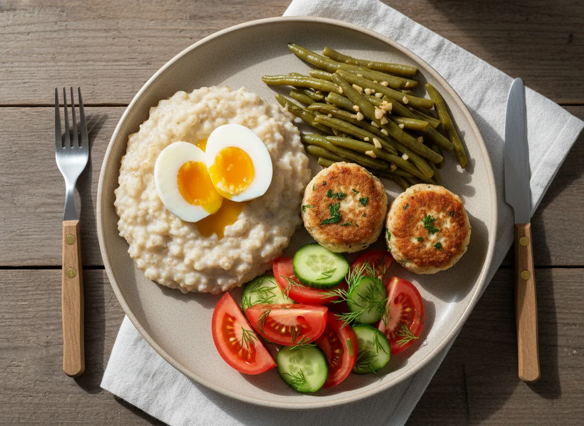 Обед с фрикадельками, стручковой фасолью, салатом и кашей photo