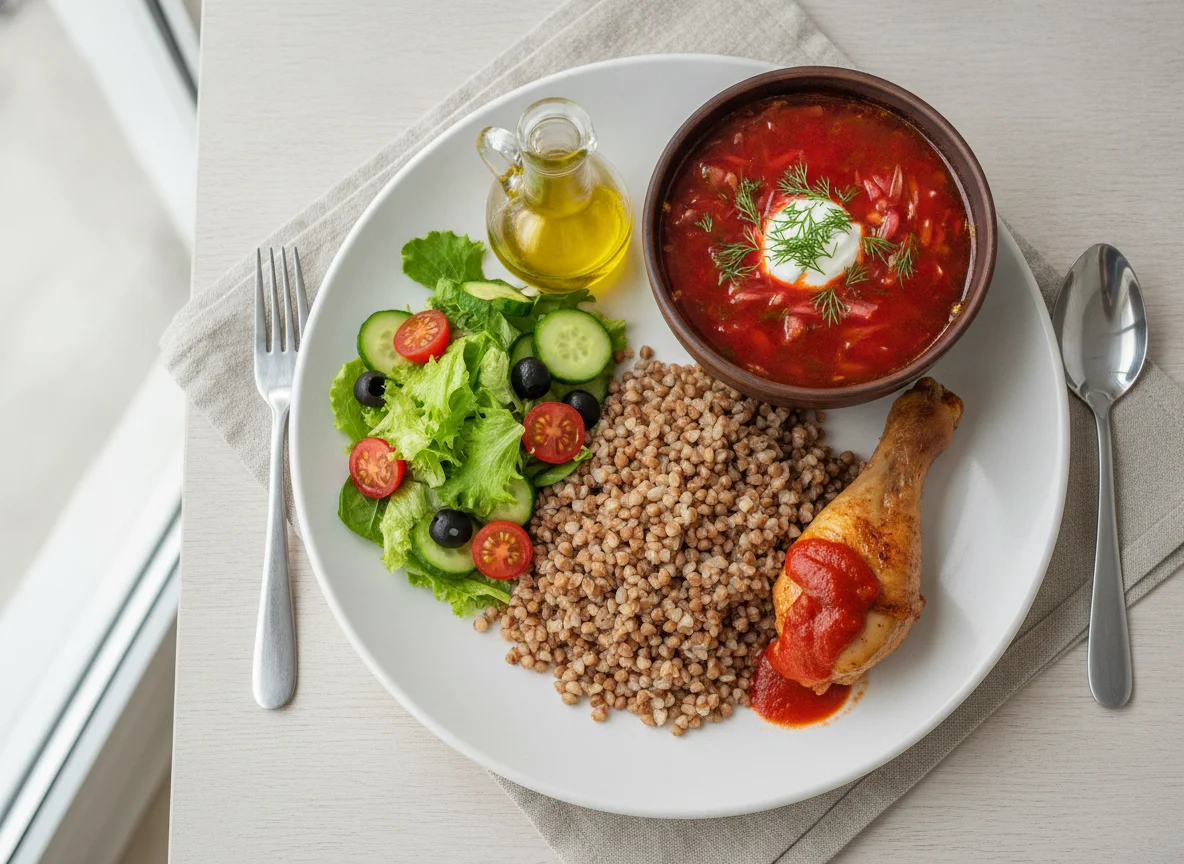 Обед с гречкой, борщом, курицей и салатом photo