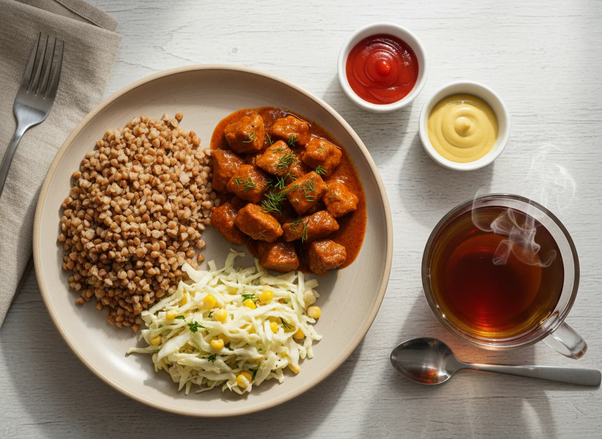 Обед с гречкой, гуляшом и салатом photo