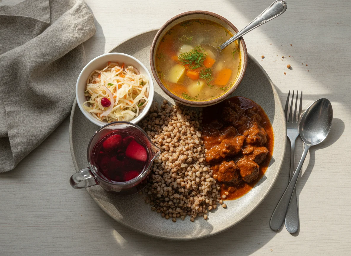 Обед с гречкой, гуляшом, супом и салатом photo