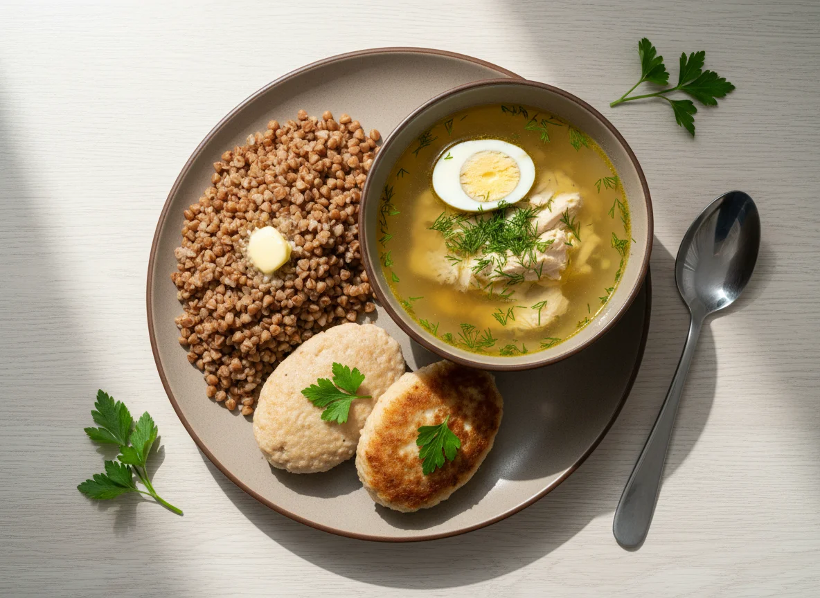 Обед с гречкой, котлетами и куриным супом photo