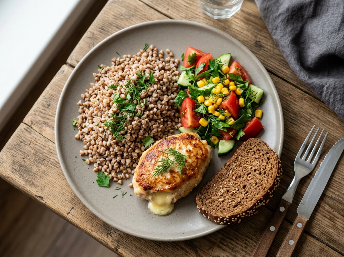 Обед с гречкой, котлетой и овощами photo