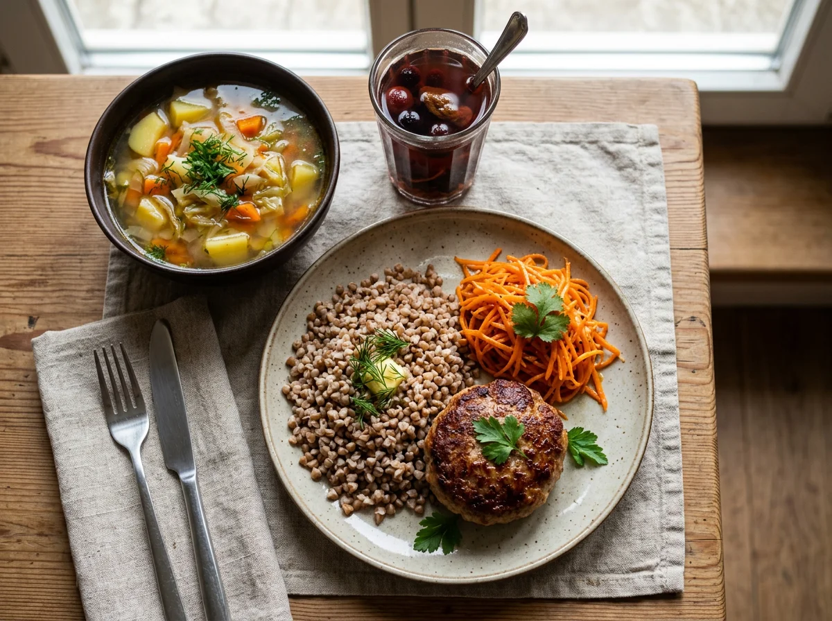 Обед с гречкой, котлетой, супом и морковным салатом photo