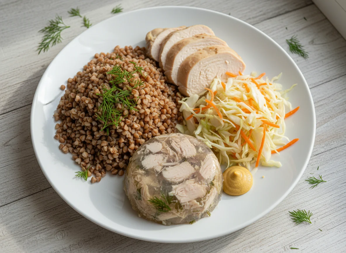 Обед с гречкой, курицей, холодцом и салатом photo